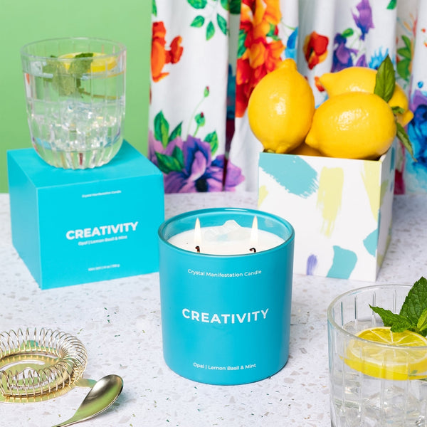 Creativity Crystal Manifestation Candle - Lemon Basil & Mint Scented with Opal