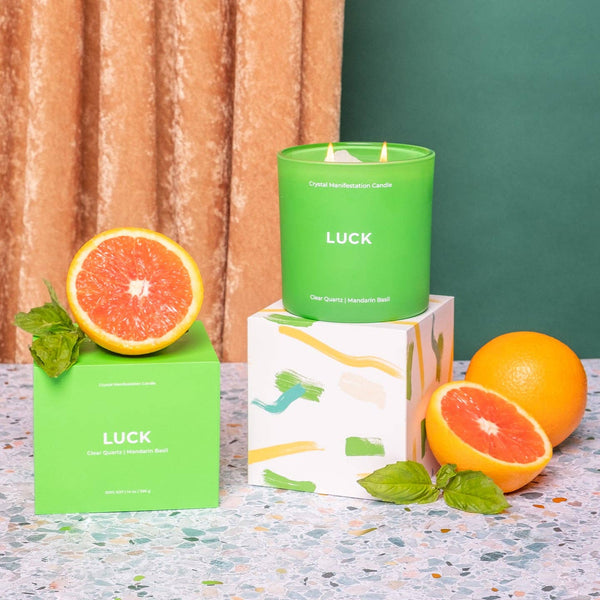 Luck Crystal Manifestation Candle - Mandarin Basil Scented with Clear Quartz