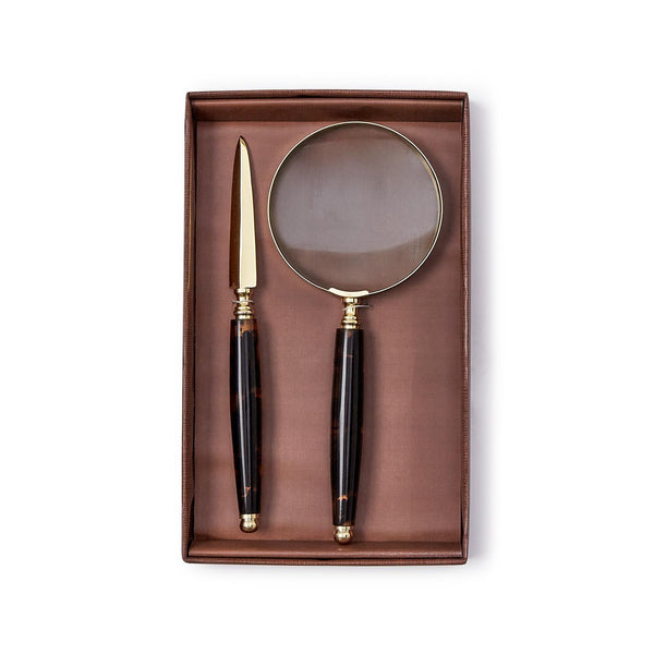 Tortoise Swirl Magnifier and Letter Opener Set in Gift Box