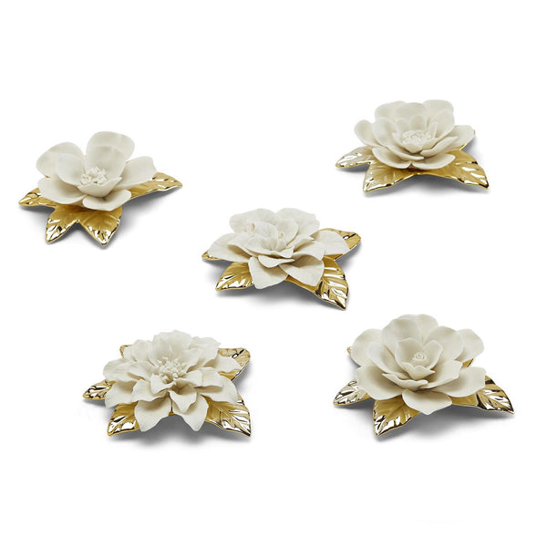 Flowerscape Wall Sculptures with Matte Finish and Golden Leaves Assorted 5 Designs - Porcelain