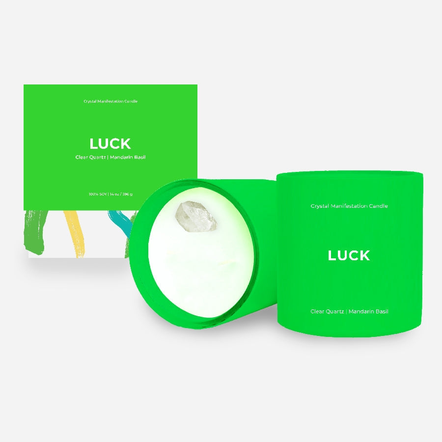 Luck Crystal Manifestation Candle - Mandarin Basil Scented with Clear Quartz