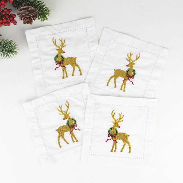 Reindeer Embroidered Cocktail Napkins - Set of 4