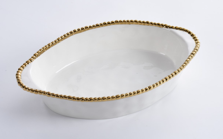 Oval Baking Dish w/Gold Dot Trim